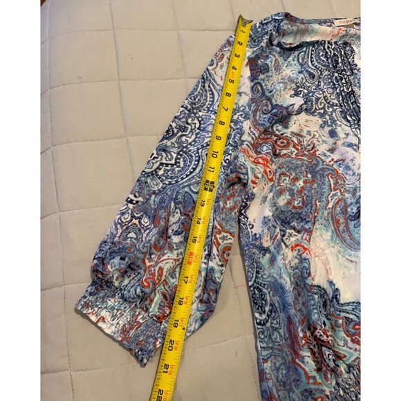 Roz & Ali XL Boho Paisley Blouse Womens Peasant Top Sheer 3/4 Sleeve Blue Orange - Picture 5 of 12
